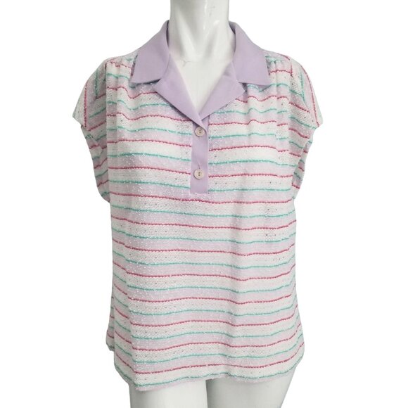 Marty Gutmacher Vintage 70s Blue White Collared Blouse Sz Medium Womens Open Kni - Picture 5 of 5